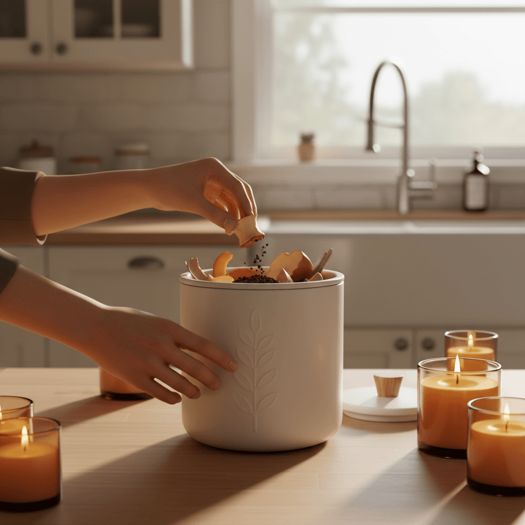 Putting food scraps into a clean collection bin