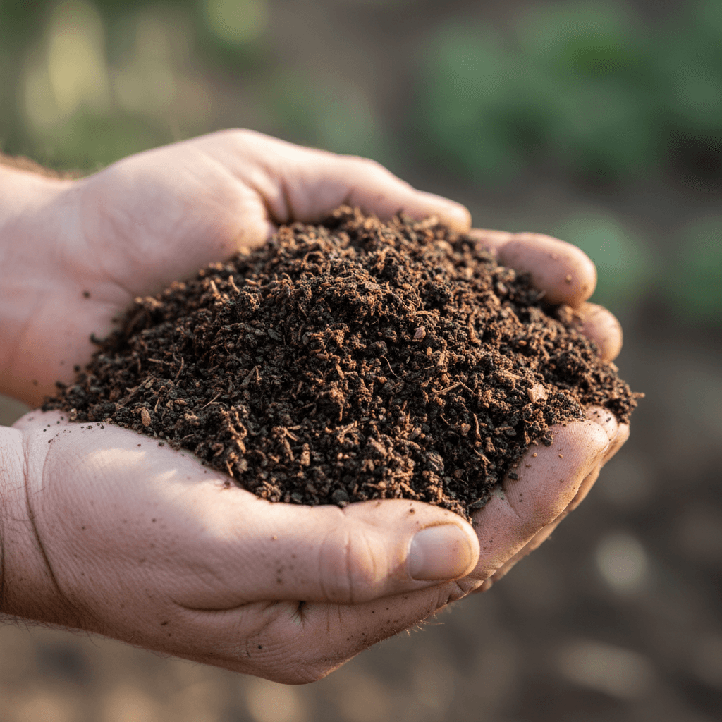 Finished compost in a wooden bin with soft morning light