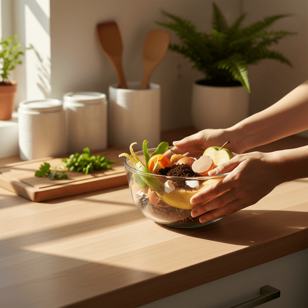 Food scraps being placed in collection bucket