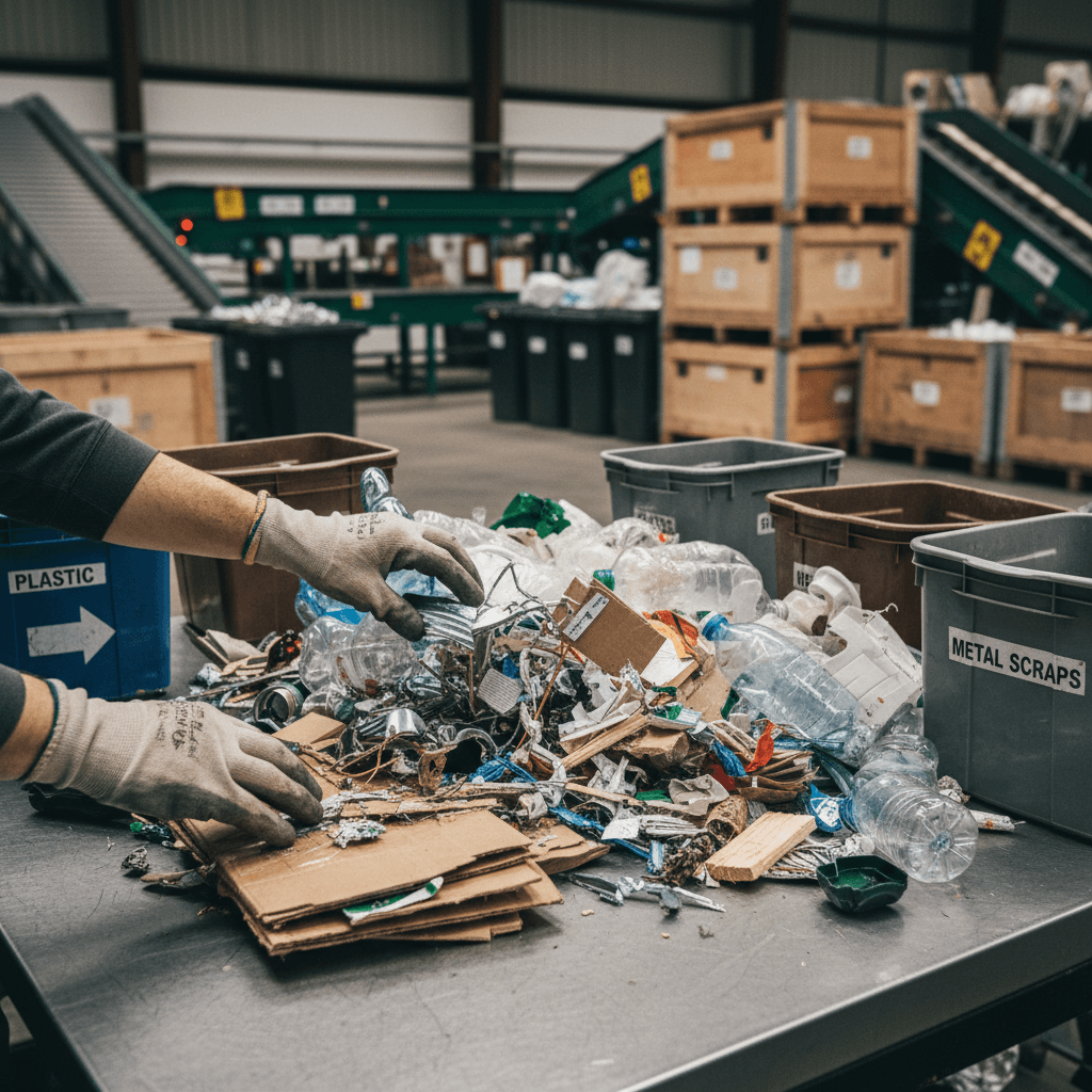 Hands sorting food scraps into collection container