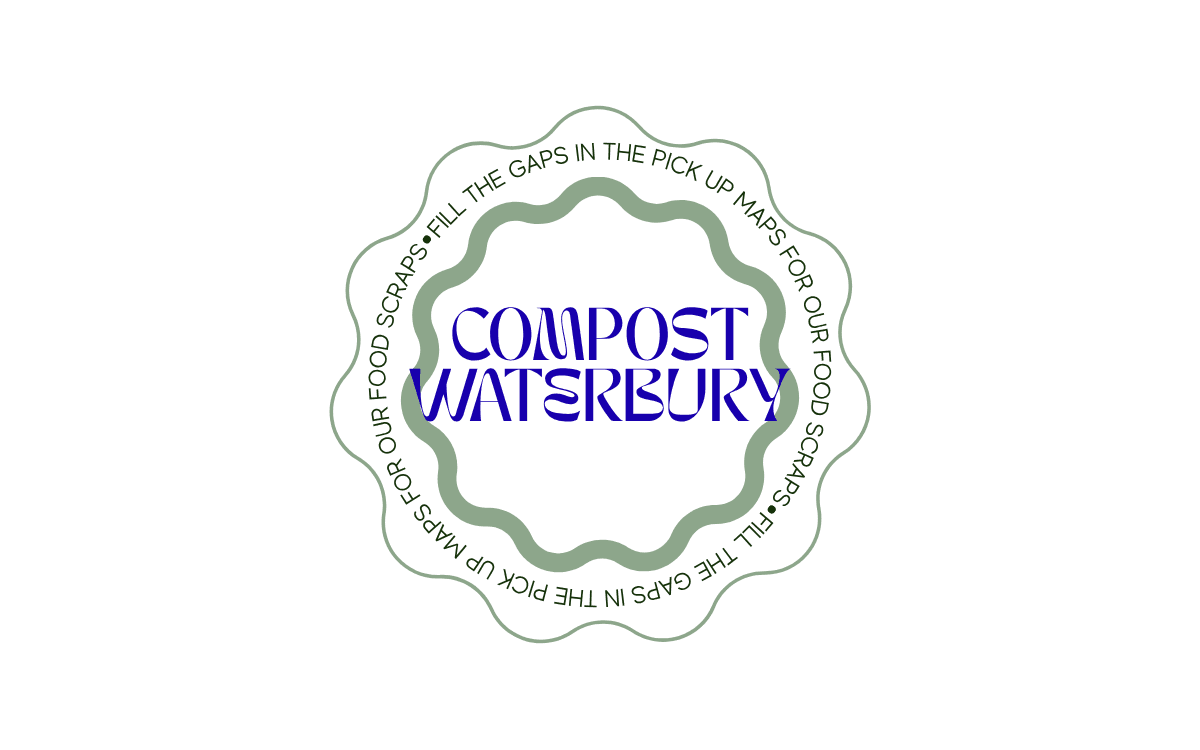 Circular Compost Waterbury logo featuring blue stylized text inside green scalloped borders and pickup slogans.