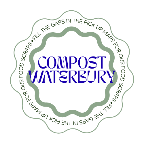 Scalloped circular logo for Compost Waterbury with blue text and green border about food scraps.
